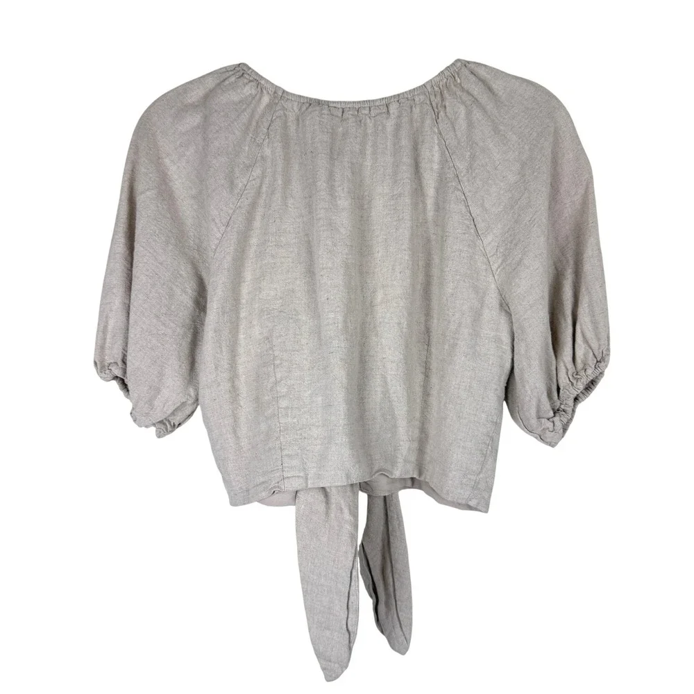 Abercrombie & Fitch Crop Top Womens M Beige Linen Blend Front Tie Puff Sleeve
